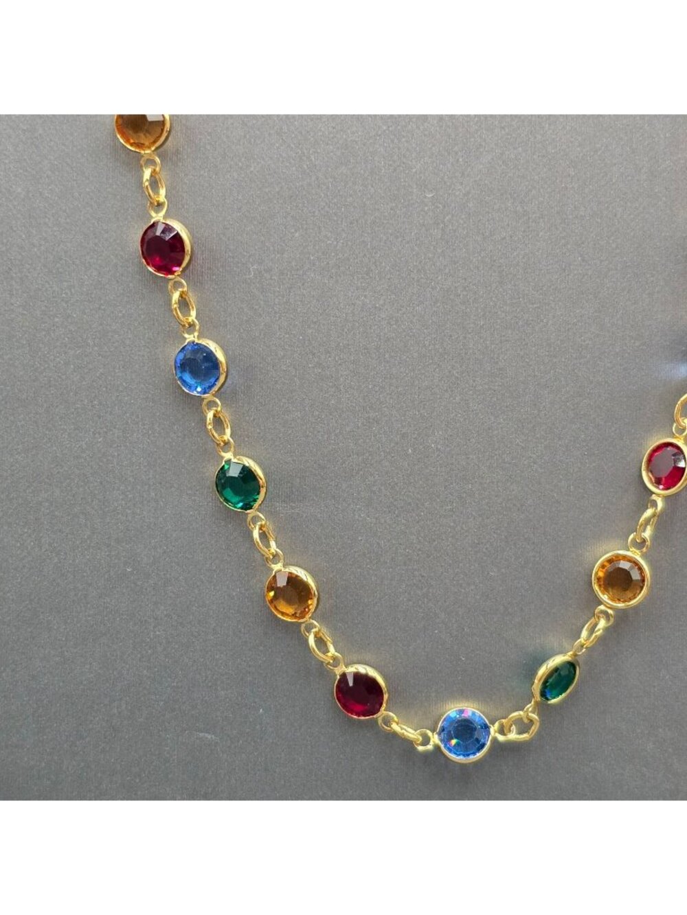 Gold Plated Multi Color Crystal Station Necklace 28" Bezel Glass Disk - Picture 1 of 8